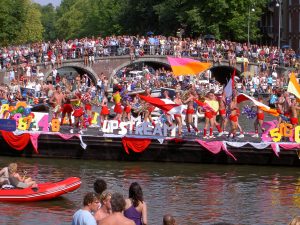 A massive gay pride parade takes over Amsterdam's canals annualy